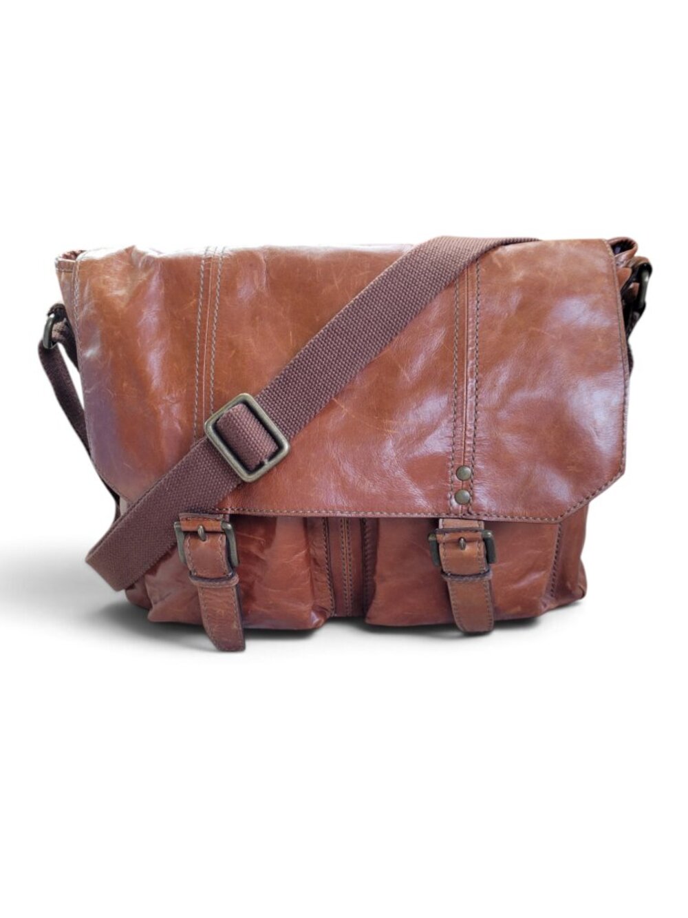 Fossil Cognac Brown Leather Messenger Bag with Adjustable Strap and Pockets